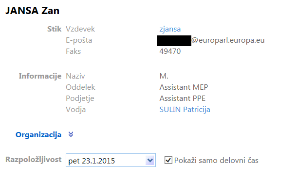 Interni imenik bruseljskega parlamenta, kjer je vidno ime Žana Janše.
