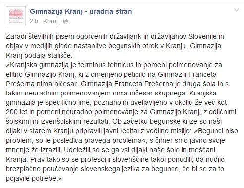 Uradni zapis Gimnazije Kranj, ki ga je šola objavila na svojem profilu na Facebooku.