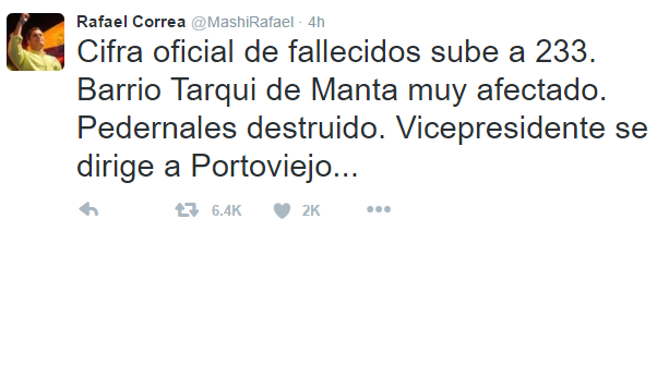 Sobotni potres v Ekvadorju je zahteval najmanj 233 smrtnih žrtev, je prek Twitterja sporočil ekvadorski predsednik Rafael Correa.