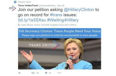 Trans United Fund je začel akcijo, naj se Hillary Clinton opredeli to vprašanja transspolnih oseb, tudi prek Twitterja.