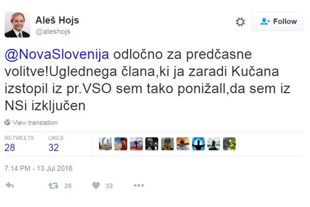 Zapis Aleša Hojsa na Twitterju