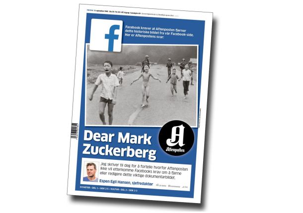 Naslovnica norveškega časopisa Aftenposten Espen, kjer urednik časnika Egil Hansen zaradi Facebookove cenzure odgovarja Marku Zuckerbergu.