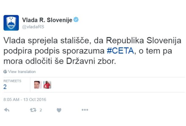 Vlada je danes svoje stališče do sporazuma CETA sporočila kar prek Twitterja. 