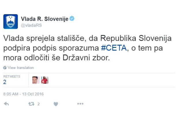 Vlada je danes svoje stališče do sporazuma CETA sporočila kar prek Twitterja. 