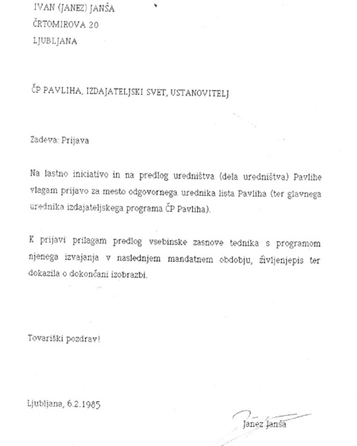 Prošnja za delo, ki jo je leta 1985 poslal Janez Janša. 