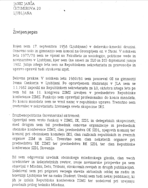 Življenjepis, ki ga je leta 1985 napisal Janez Janša. 