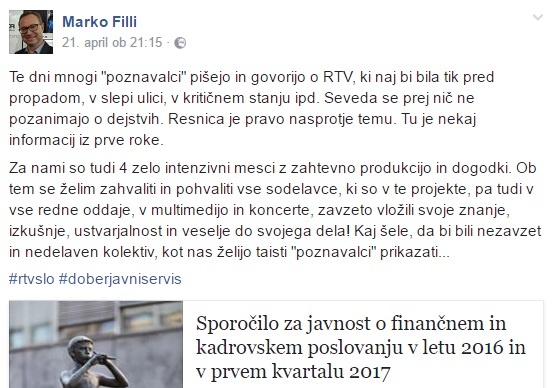 Vse skupaj se je začelo z zapisom generalnega direktorja RTV Slovenija Marka Fillija ... 