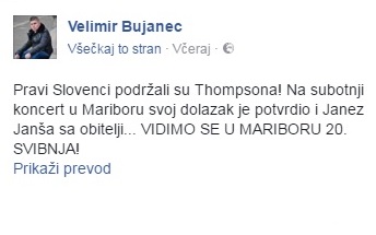Bujanec: Janša je potrdil svoj prihod na Thompsonov koncert