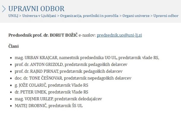 Seznam novoimenovanega upravnega odbora na ljubljanski univerzi, v katerem so zgolj moški