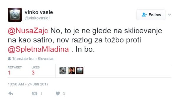 Zapis Vinka Vasleta na Twitterju