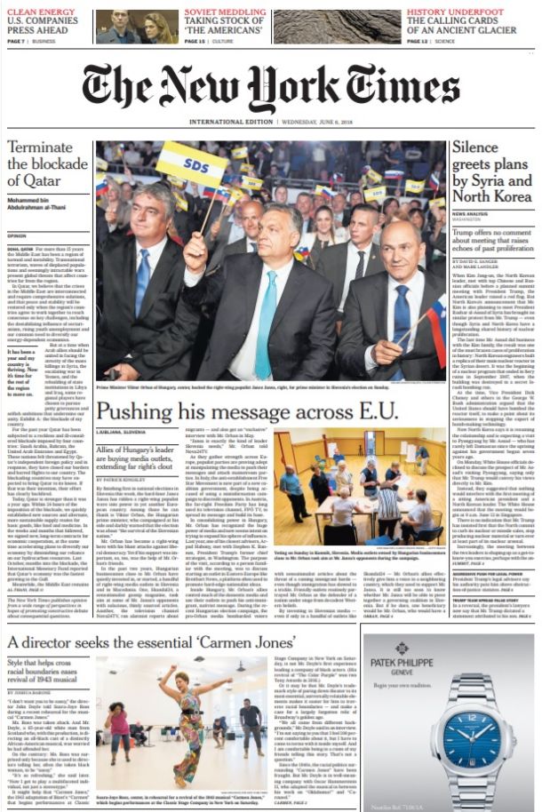 Naslovnica časnika The New York Times z Orbanom in Janšo na naslovnici