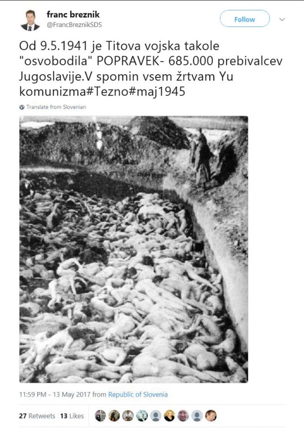 Poslanec SDS Franc Breznik je objavil fotografijo množice trupel, ki naj bi prikazovala povojne poboje v Sloveniji. Na podobi so množična grobišča umorjenih Judov, ki so jih pobili Nemci.