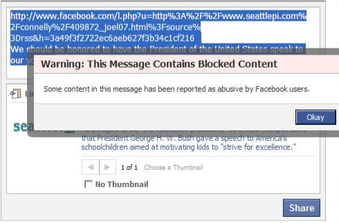 Facebookovo opozorilo o blokiranih vsebinah 