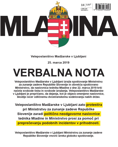 The newest cover of Mladina magazine with the Hungarian government protest letter to the Slovenian foreign ministry