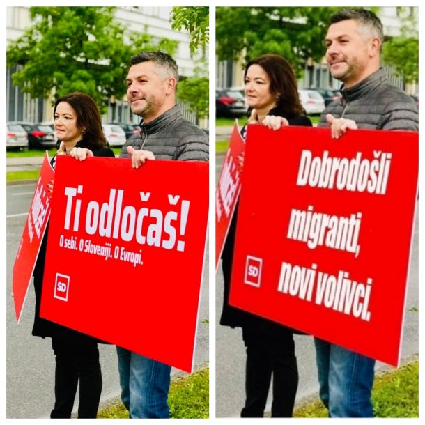 Levo: slogan stranke SD za evropske volitveDesno: fotomontaža slogana in njegova zamenjava z migrantsko tematiko