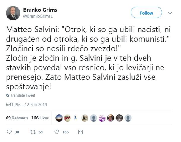 Tvit poslanca SDS Branka Grimsa