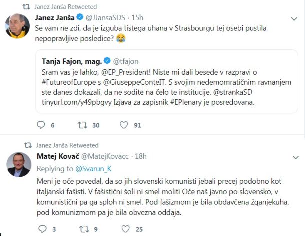 Tvit in retvit Janeza Janše, predsednika SDS, na Twiiterju