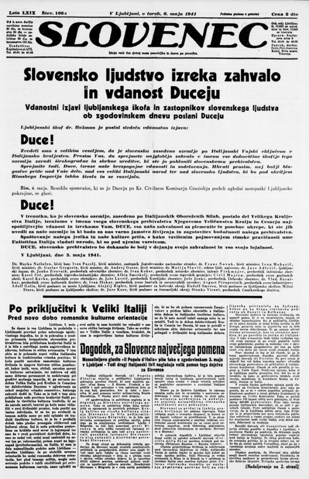 Naslovnica desničarskega časnika Slovenec leta 1941