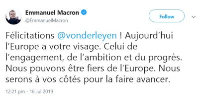 Emmanuel Macron na Twitterju: Čestitke [Ursula von der Leyen]! Evropa ima danes vaš obraz. Obraz angažiranosti, ambicije in napredka. Lahko smo ponosni na Evropo. Z vami se bomo pomaknili naprej.
