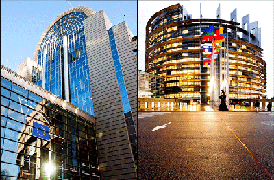 Stavbi Evropskega parlamenta v Bruslju (na fotografiji levo) in Strasbourgu