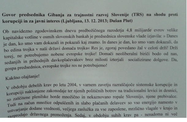 Govor predsednika Gibanja za trajnostni razvoj (TRS) Dušana Pluta