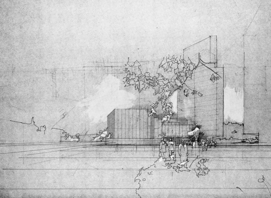 Skica Cankarjevega doma v kontekstu stolpnic Trga republike, Edvard Ravnikar, vir: Arhiv Univerze v Ljubljani, Fakultete za arhitekturo in MAO, Muzej za arhitekturo in oblikovanje