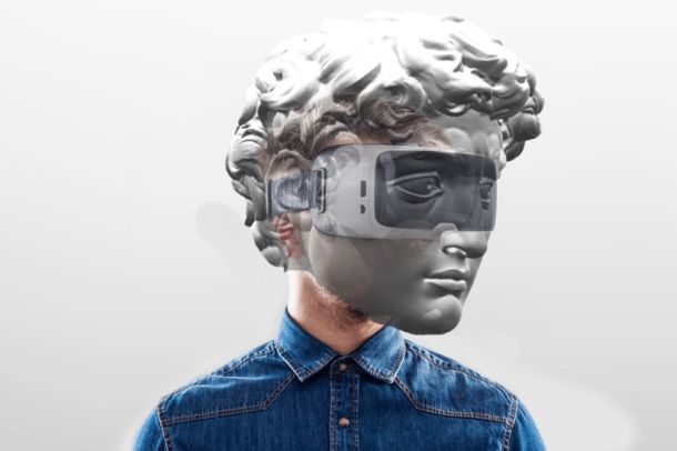 Skica pogleda v notranjost 3D tiskane Davidove glave z integriranimi VR očali