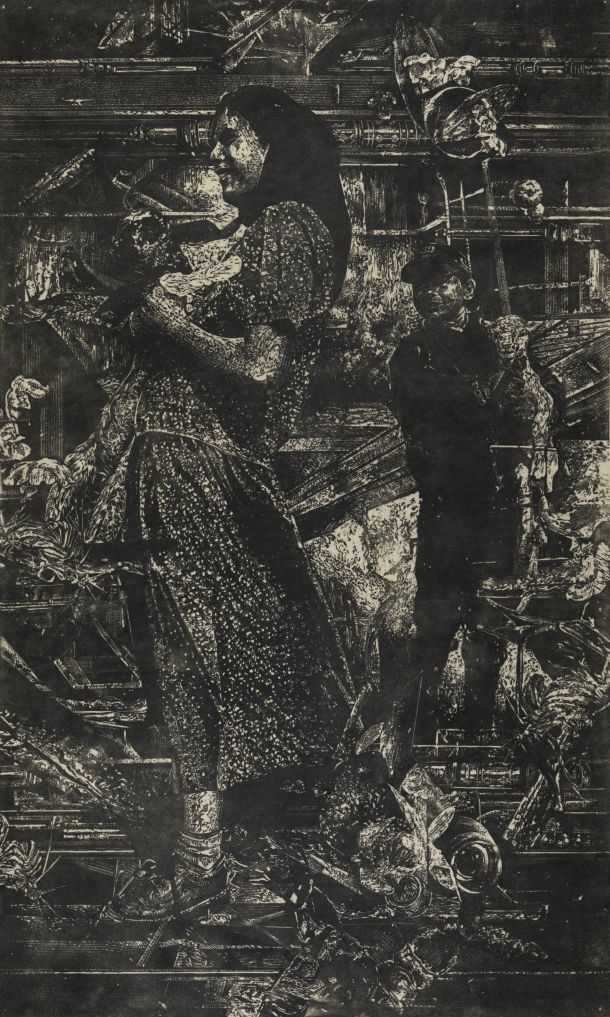 Grafika iz serije Poetika otroštva, 200 x 120 cm, linorez in ročni tisk na filc, 2020